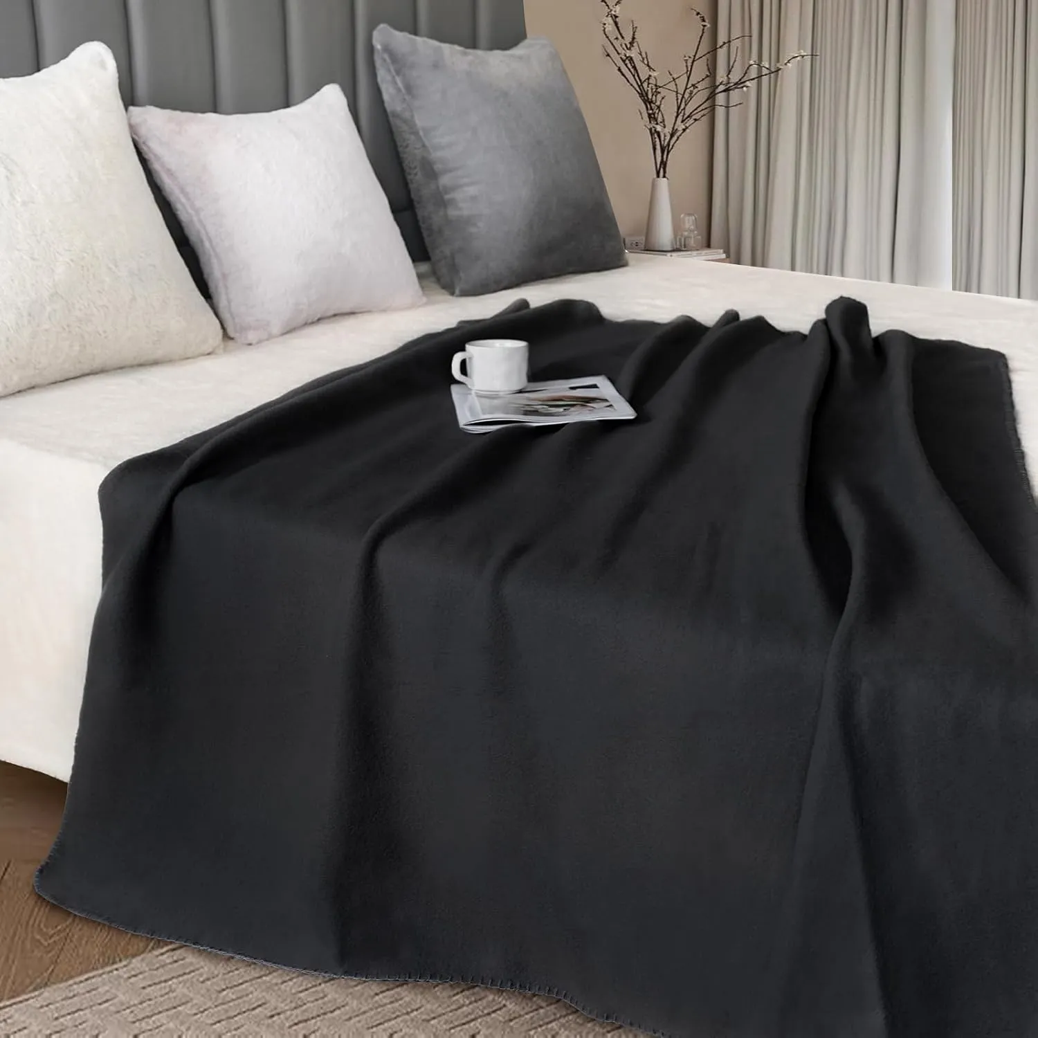 Fleece Throw Blankets Lightweight Warm Soft Cozy Pet-Friendly Bulk Fleece Throw Blanket Kids Solid for Home Bed, Sofa,Office, Gifts (Pack of 6-50 x 60 inch,Black)