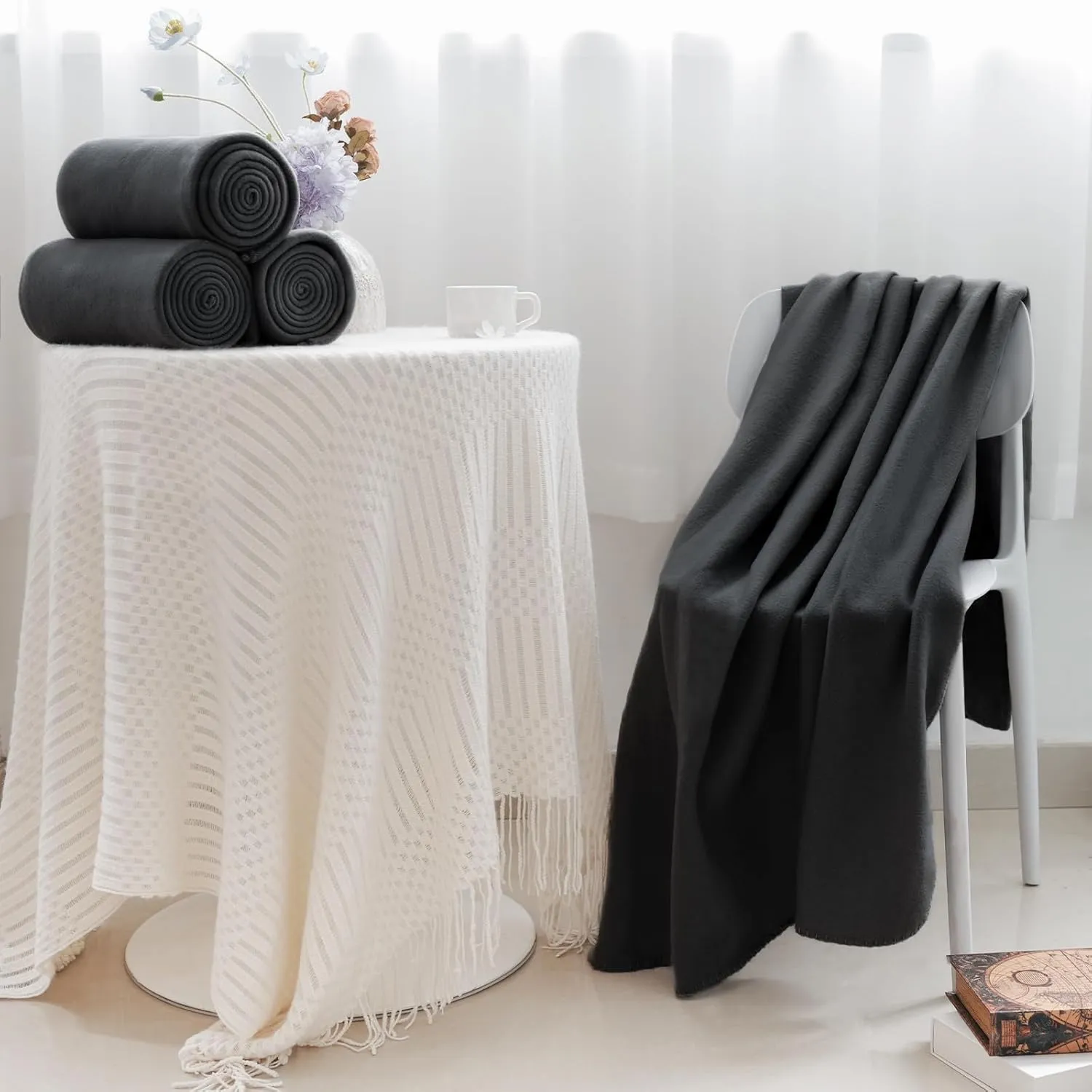 Fleece Throw Blankets Lightweight Warm Soft Cozy Pet-Friendly Bulk Fleece Throw Blanket Kids Solid for Home Bed, Sofa,Office, Gifts (Pack of 6-50 x 60 inch,Black)