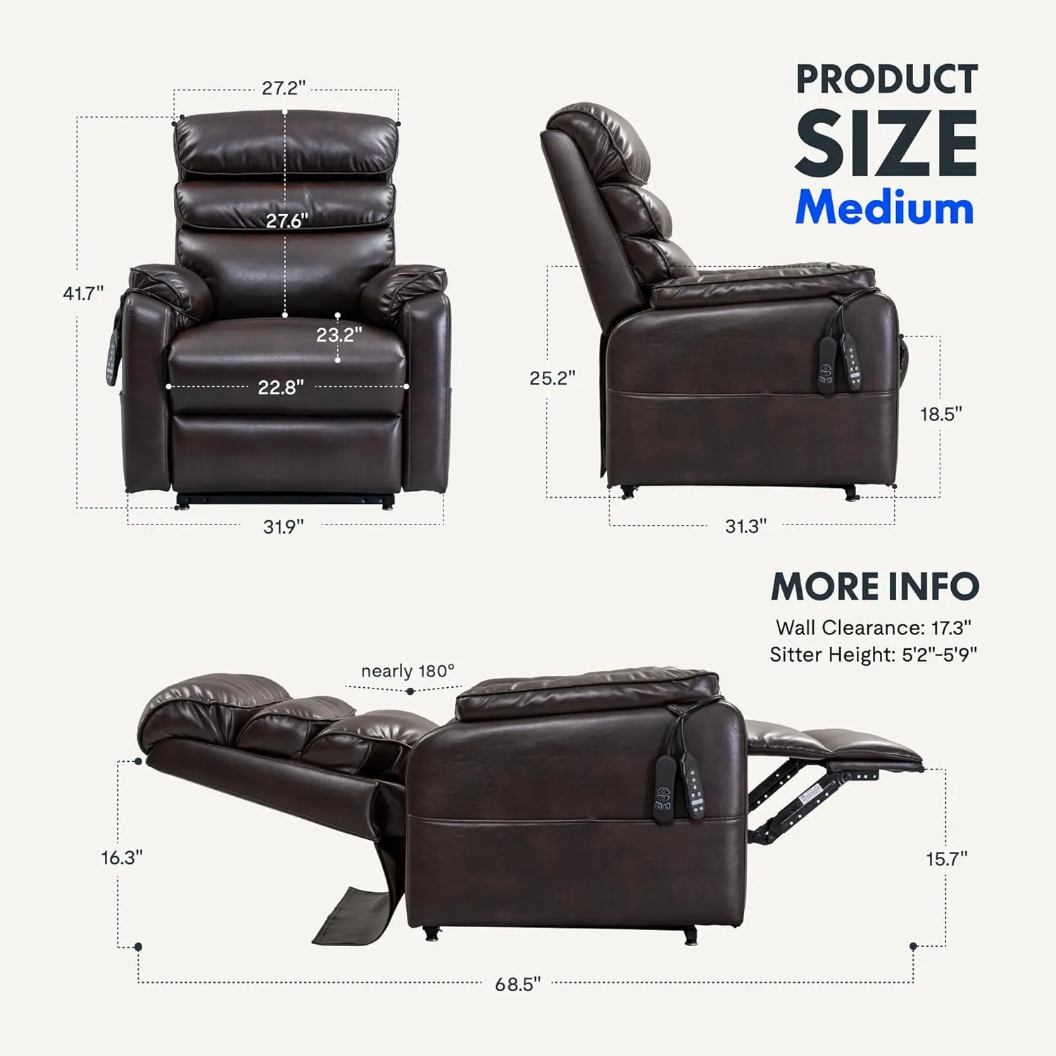 FLEXISPOT XL6 Genuine Leather Dual Motor Power Lift Recliner Chair for Elderly, Electric Lay Flat Sleeper w/Massage & Heat for Big & Tall, Reclining Sofa w/USB Ports for Living Room Bedroom, Brown