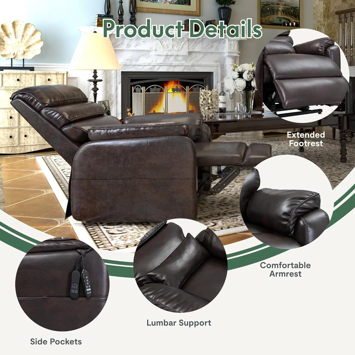 FLEXISPOT XL6 Genuine Leather Dual Motor Power Lift Recliner Chair for Elderly, Electric Lay Flat Sleeper w/Massage & Heat for Big & Tall, Reclining Sofa w/USB Ports for Living Room Bedroom, Brown