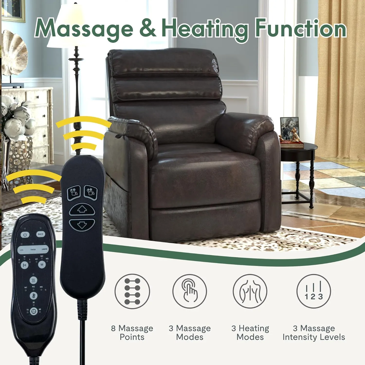 FLEXISPOT XL6 Genuine Leather Dual Motor Power Lift Recliner Chair for Elderly, Electric Lay Flat Sleeper w/Massage & Heat for Big & Tall, Reclining Sofa w/USB Ports for Living Room Bedroom, Brown