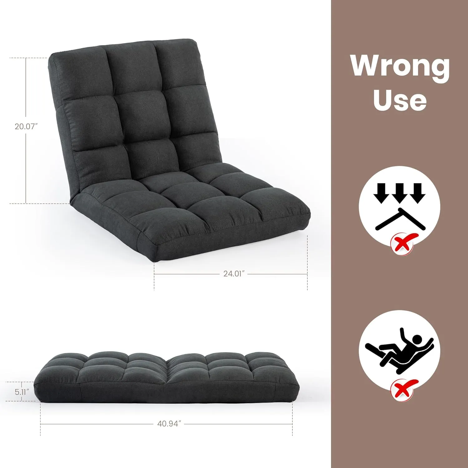 Floor Chair with Back Support with 6 Adjustable Position, Recliner, Folding Gaming, Meditation Chair for Adults (Grey)