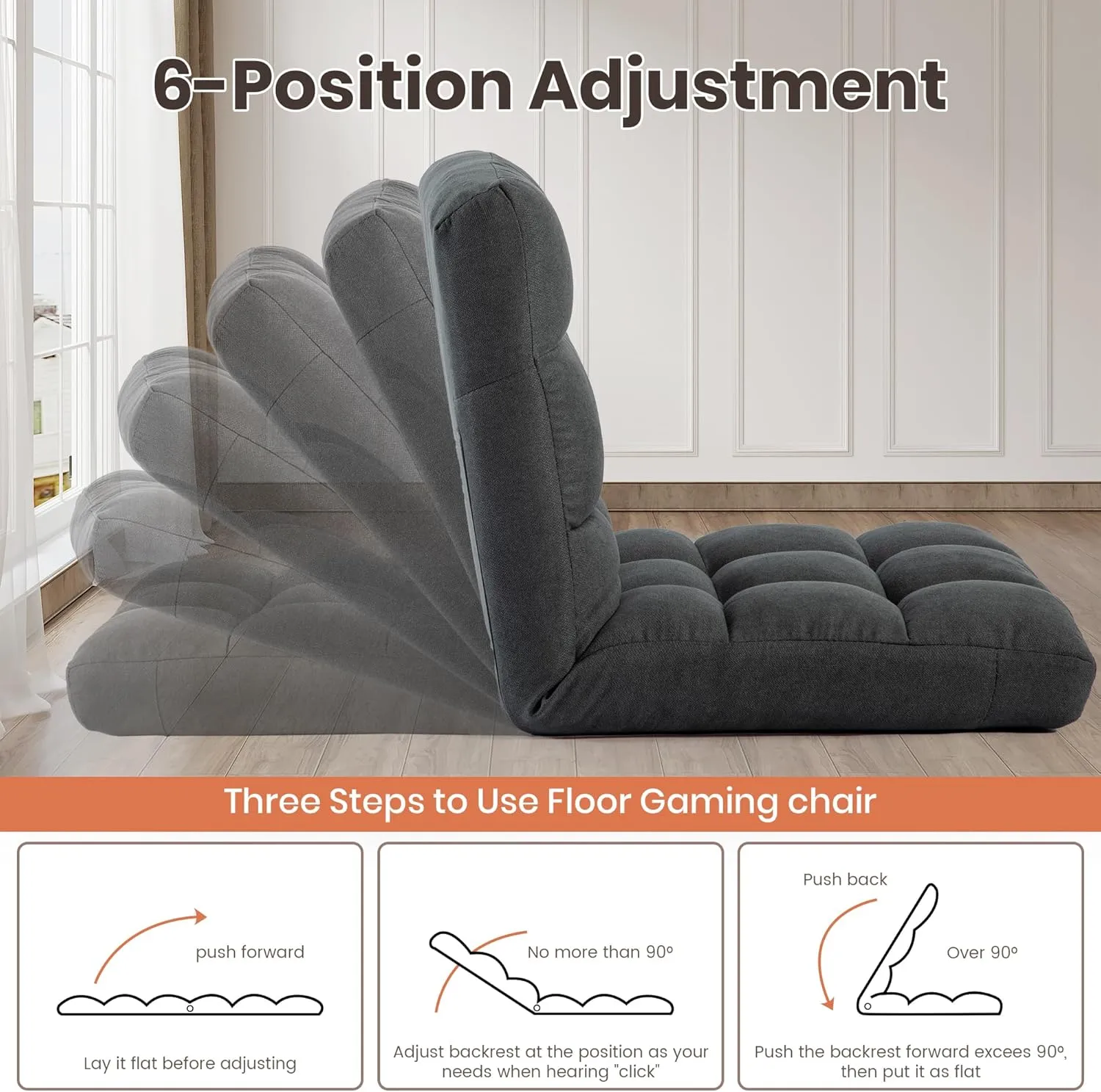 Floor Chair with Back Support with 6 Adjustable Position, Recliner, Folding Gaming, Meditation Chair for Adults (Grey)