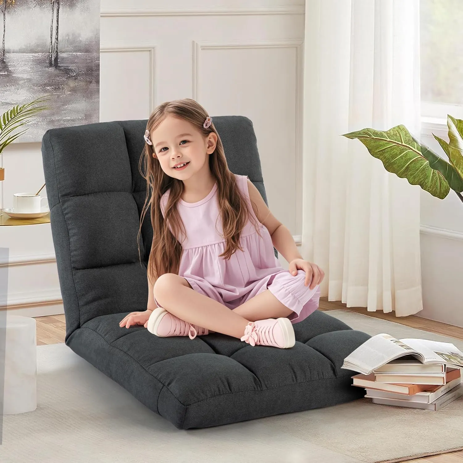Floor Chair with Back Support with 6 Adjustable Position, Recliner, Folding Gaming, Meditation Chair for Adults (Grey)