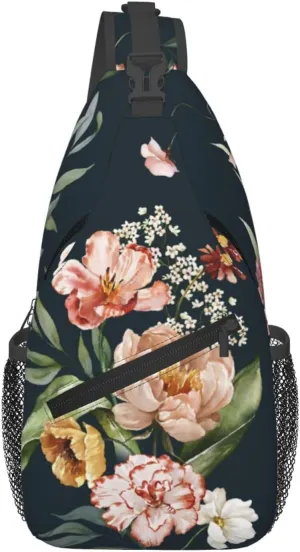 Floral Pattern Sling Bag Watercolor Pink Blush Flower with Green Leaves Branches Crossbody Backpack Colorful Flowers Chest Shoulder Bag Casual Gym Sports Travel Hiking Daypack for Women Men