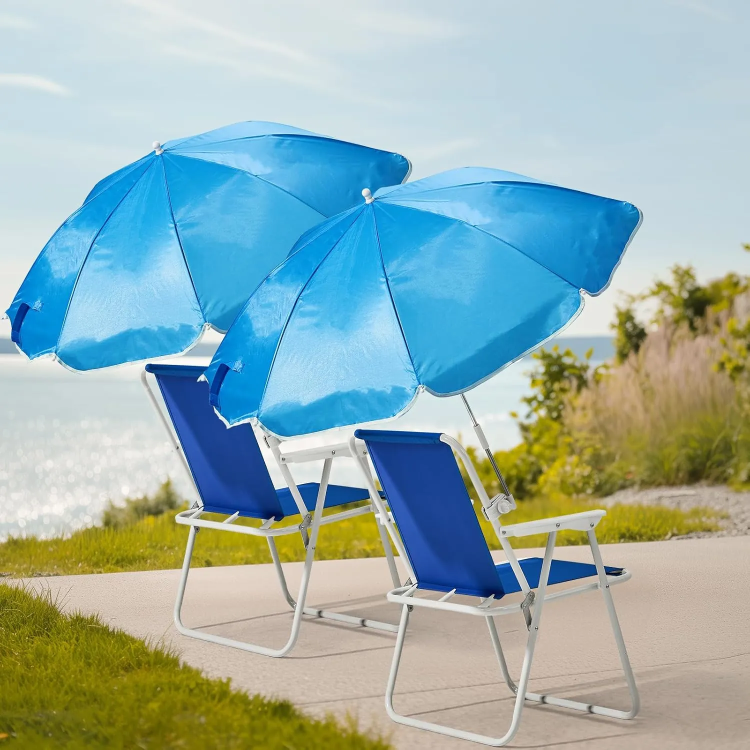 Folding Beach Chair for Adults, Portable Comfy Lawn Chairs with Adjustable Umbrella and PE Oxford Cloth, Lightweight Camping Chair for Travel Picnic Concert & Outdoor Activities, Blue