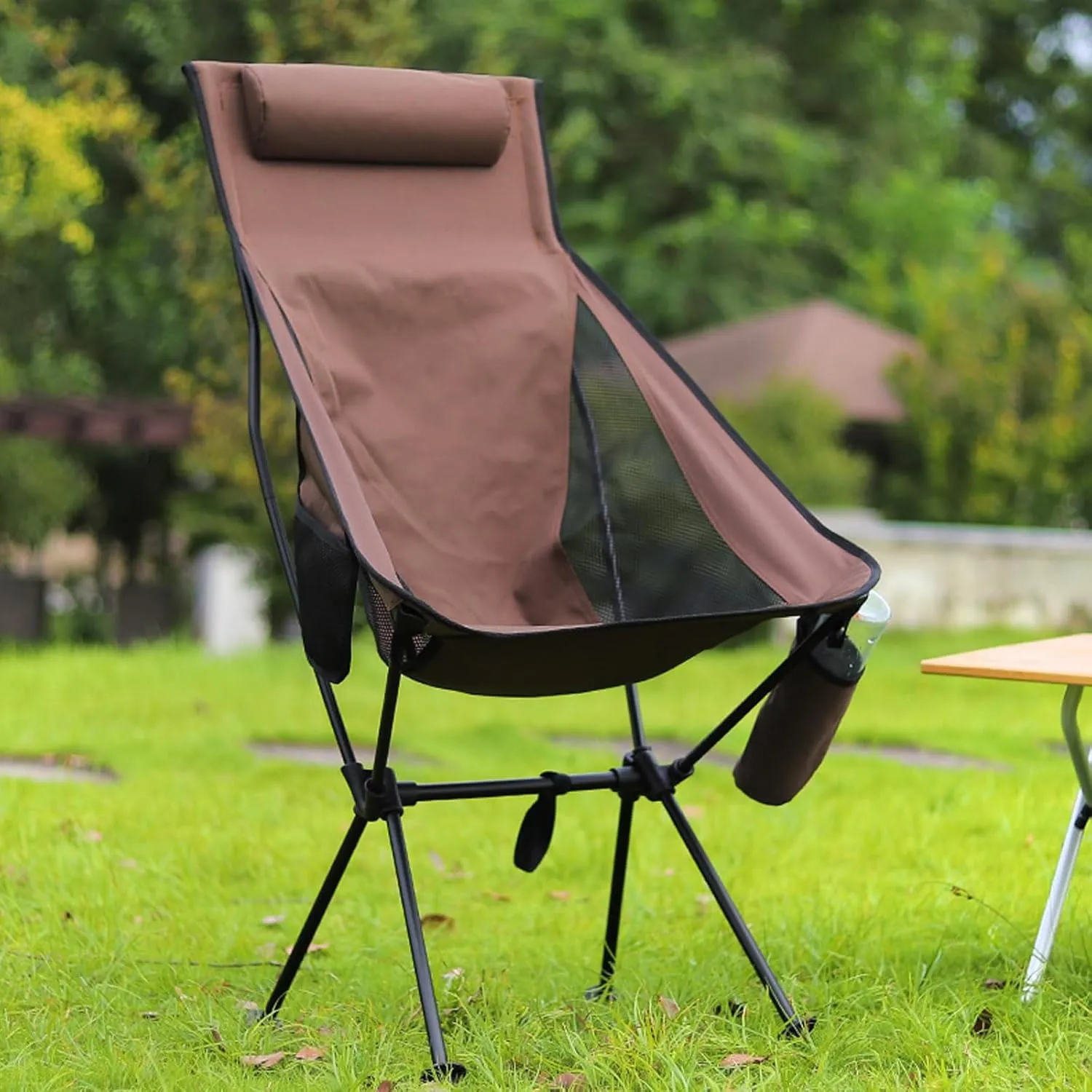 Folding Camping Chair Moon for Adults Portable Chairs with Convenient Cup Holder Padded Pillow Durable Material Lightweight and Compact Outdoor Hiking Fishing Picnic Camp Lawn-Brown