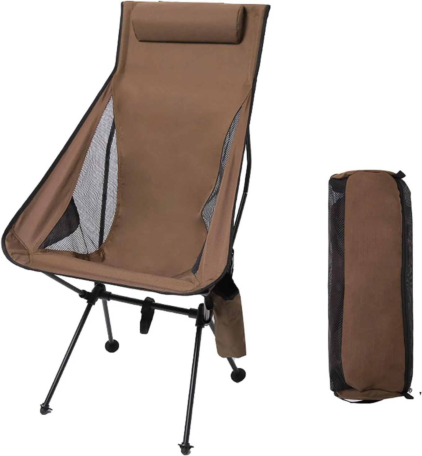 Folding Camping Chair Moon for Adults Portable Chairs with Convenient Cup Holder Padded Pillow Durable Material Lightweight and Compact Outdoor Hiking Fishing Picnic Camp Lawn-Brown