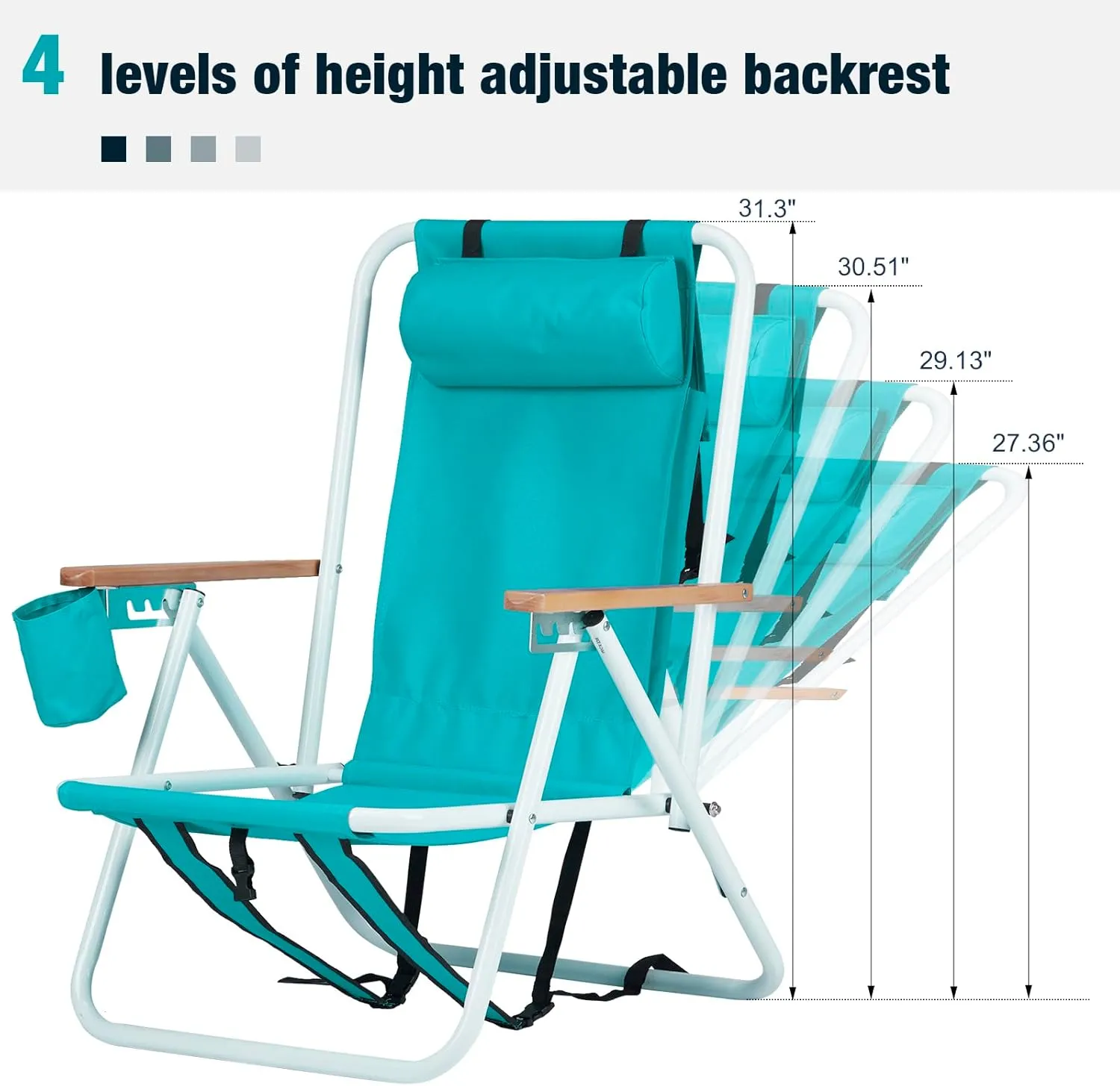 Folding Camping Chair with Adjustable Backrest and Cup Holder,Portable Backpack Outdoor Recliner Patio Lounge Chair with Headrest, Heavy Duty Steel Frame Support 350 LBS (Mint Green)