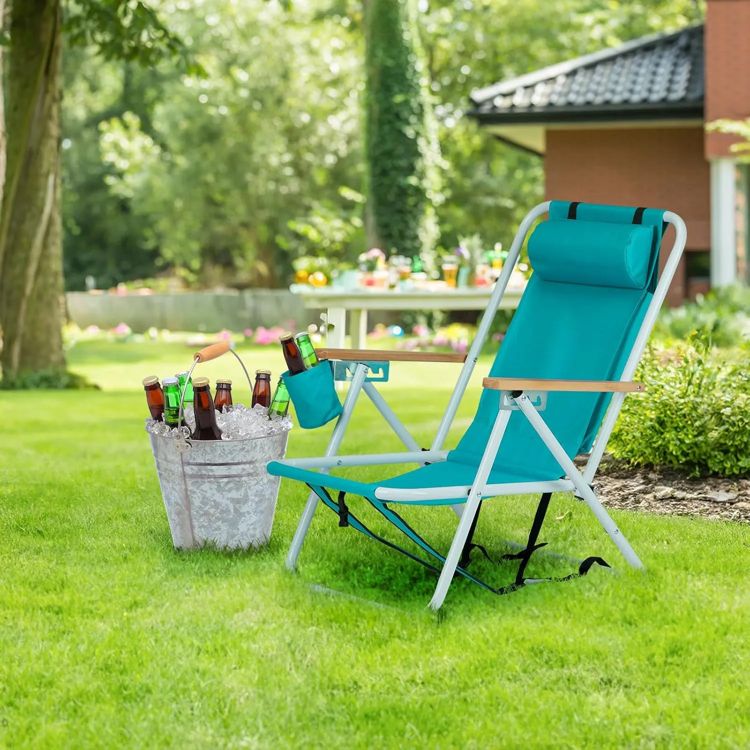Folding Camping Chair with Adjustable Backrest and Cup Holder,Portable Backpack Outdoor Recliner Patio Lounge Chair with Headrest, Heavy Duty Steel Frame Support 350 LBS (Mint Green)