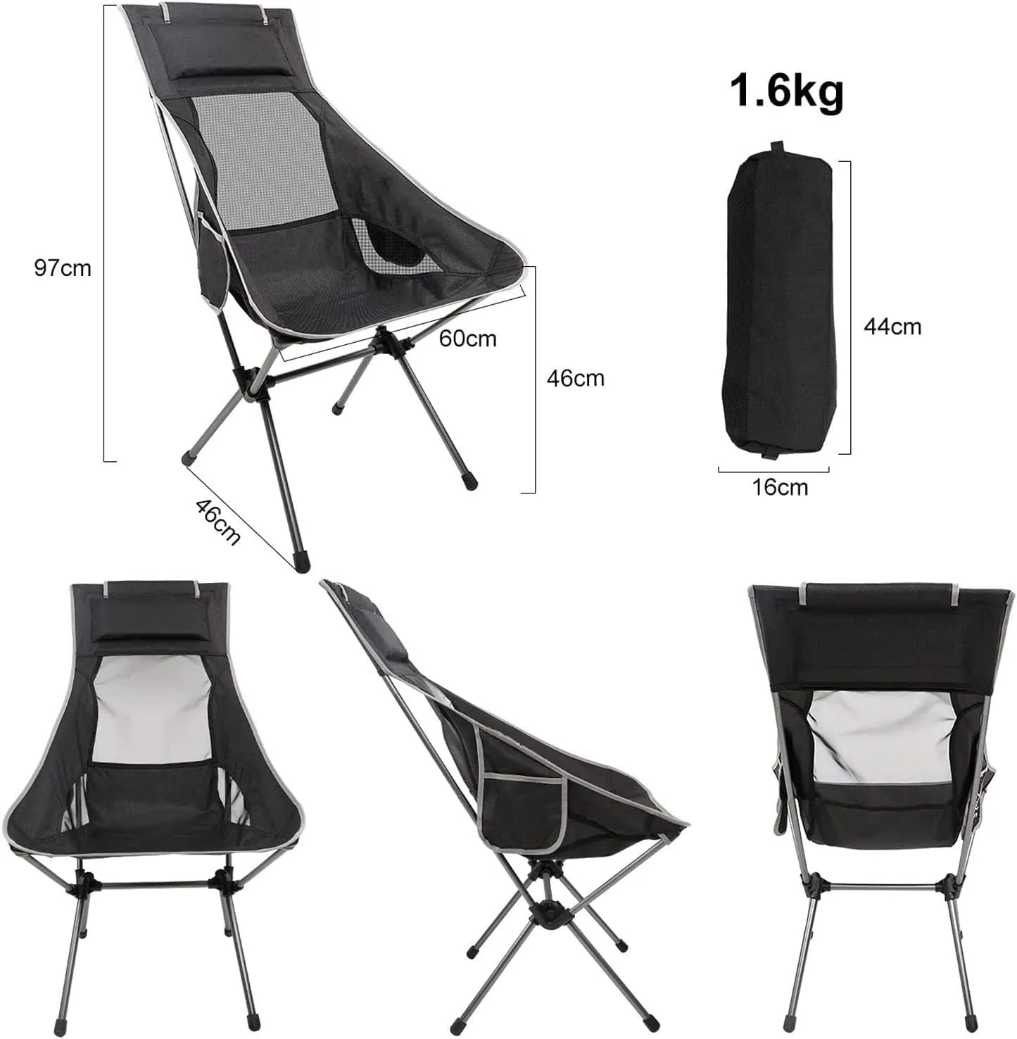 Folding Camping Outdoor High Back Camping Chair Portable Folding Seat with Mesh Backrest Camping Fishing Stool with Quilted Pillow Chairs Foldable(Black)