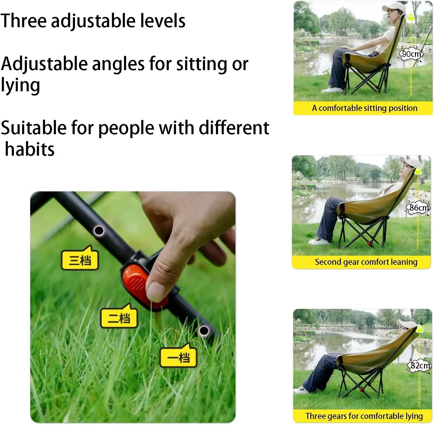 Folding Chairs for Outside, Three-Level Adjustable Height with backrest, Comfortable and Widened Folding seat, Camping Chairs, Portable Recliner, Beach Fishing Picnic Chair(Large)