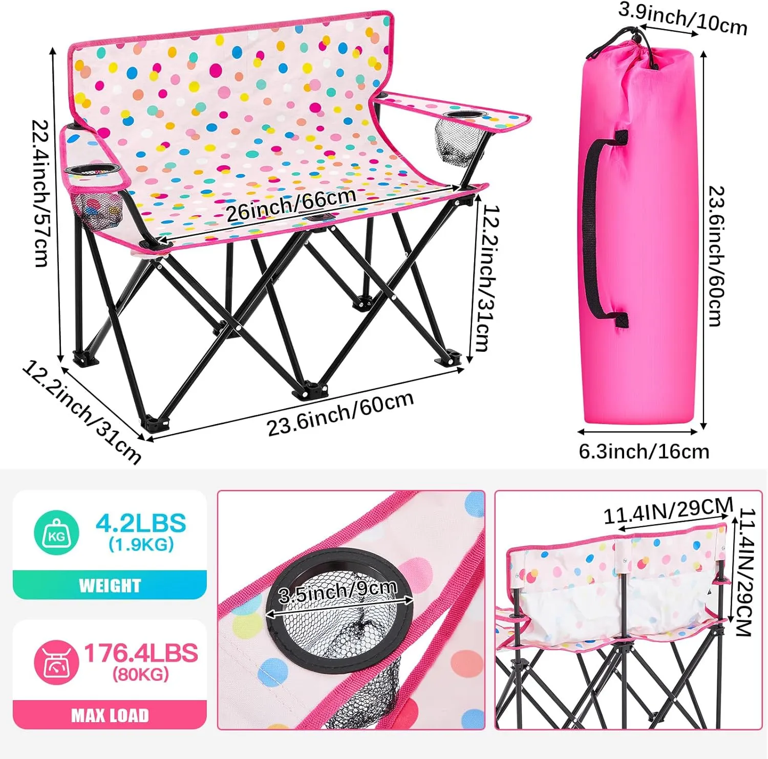 Folding Double Lawn and Camping Chair Gift for Birthday Portable 2 Person Love Seat Camp Chair with Cup Holder Outdoor Foldable Beach Chair for Beach Travel Picnic Sports(Polka Dot)