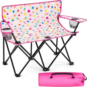 Folding Double Lawn and Camping Chair Gift for Birthday Portable 2 Person Love Seat Camp Chair with Cup Holder Outdoor Foldable Beach Chair for Beach Travel Picnic Sports(Polka Dot)