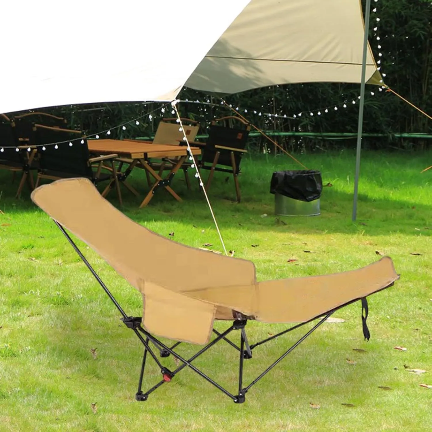 Folding Lounge Chair Recliner with Carry Bag 3 Gear Adjustable Angle Lounger Reclining Chair for Park Pool Picnic Lawn, Khaki