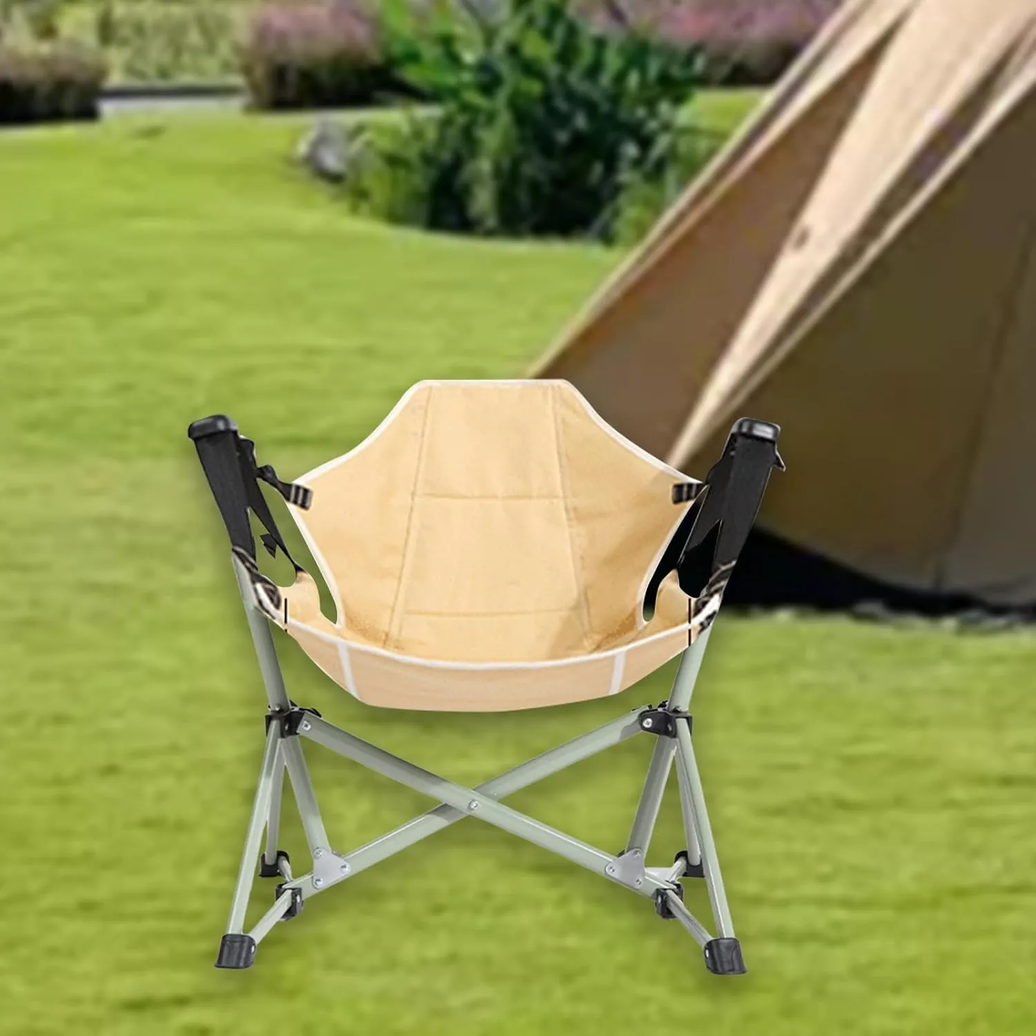 Folding Outdoor Chair Camping Hammock Chair Camp Chair Accessories with Backrest Recliner Garden Chair for Traveling Rocking, Beige and L