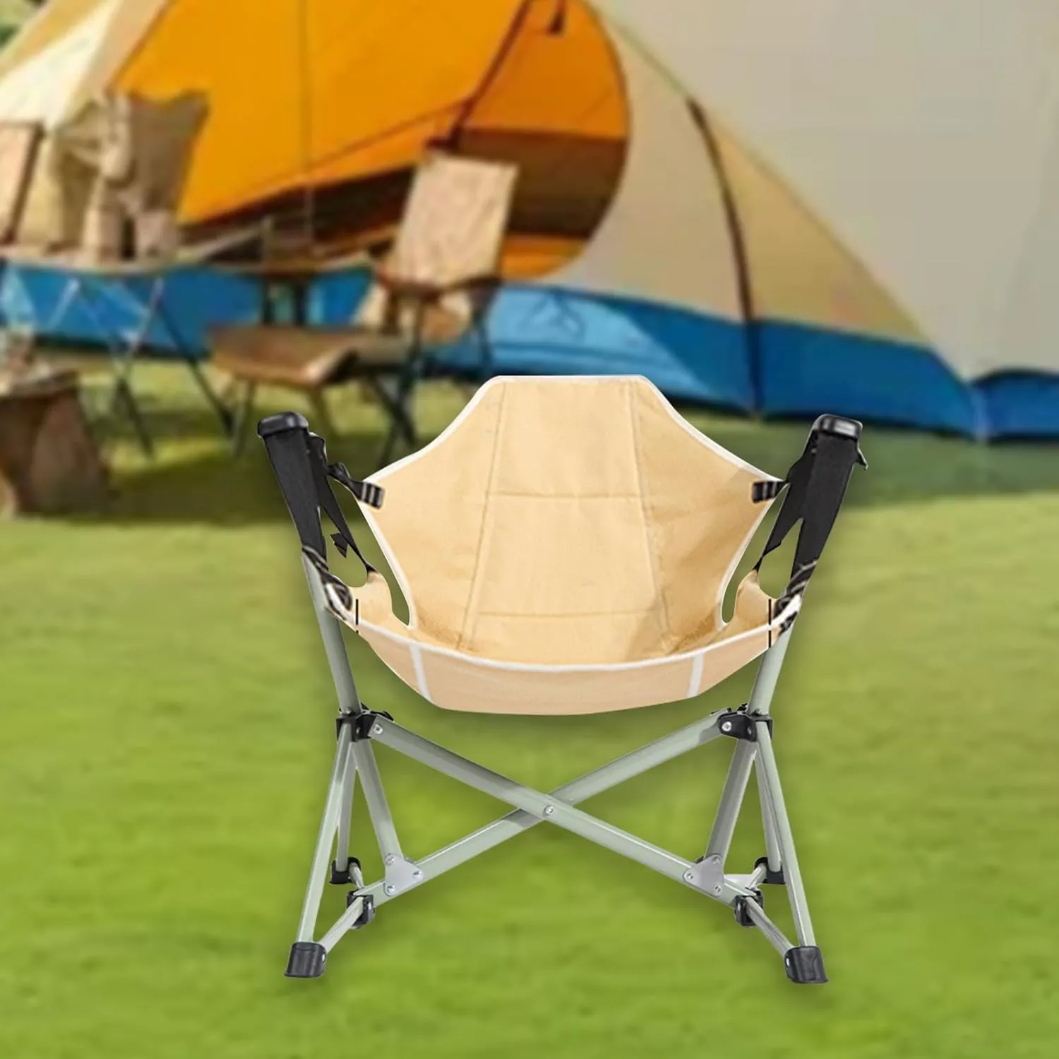 Folding Outdoor Chair Camping Hammock Chair Camp Chair Accessories with Backrest Recliner Garden Chair for Traveling Rocking, Beige and L