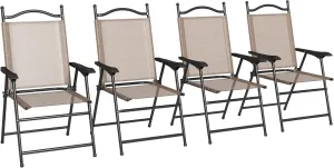 Folding Patio Chairs, Set of 4 Sports Chairs for Adults, Camping Chairs with Armrests, Breathable Mesh Fabric Seat for Lawn, Brown