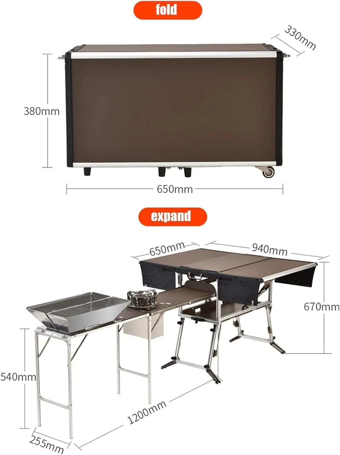 Folding Portable Grill Table w/37'' Main Tabletop,Aluminum Quick Set-up,Outdoor Kitchen Food Prep Station for Picnic Camping (Package 4)