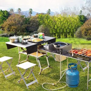 Folding Portable Grill Table w/37'' Main Tabletop,Aluminum Quick Set-up,Outdoor Kitchen Food Prep Station for Picnic Camping (Package 4)