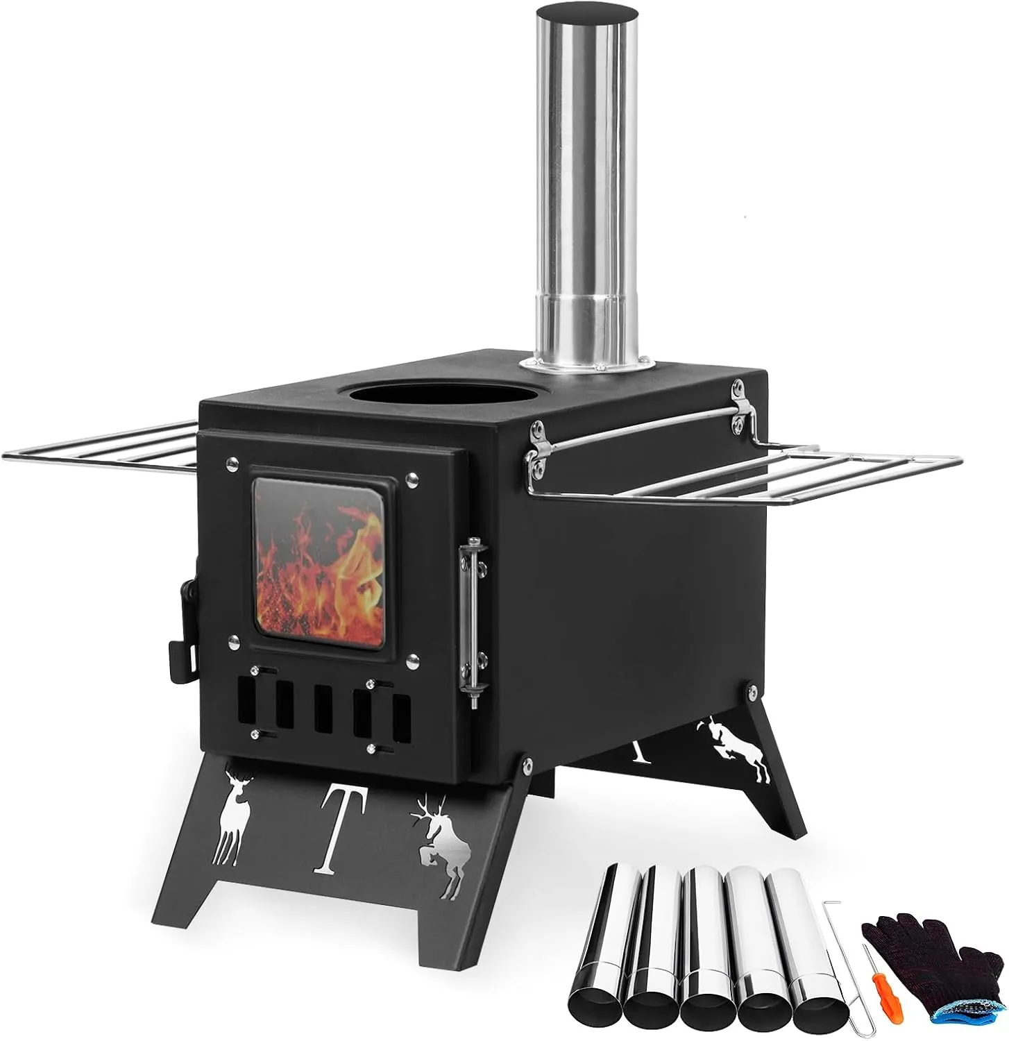 Folding Portable Wood Stove, Tent Heater for Camping with Included Pipes, Compact and Durable Outdoor Tent Stove for Heating and Cooking 1 Set