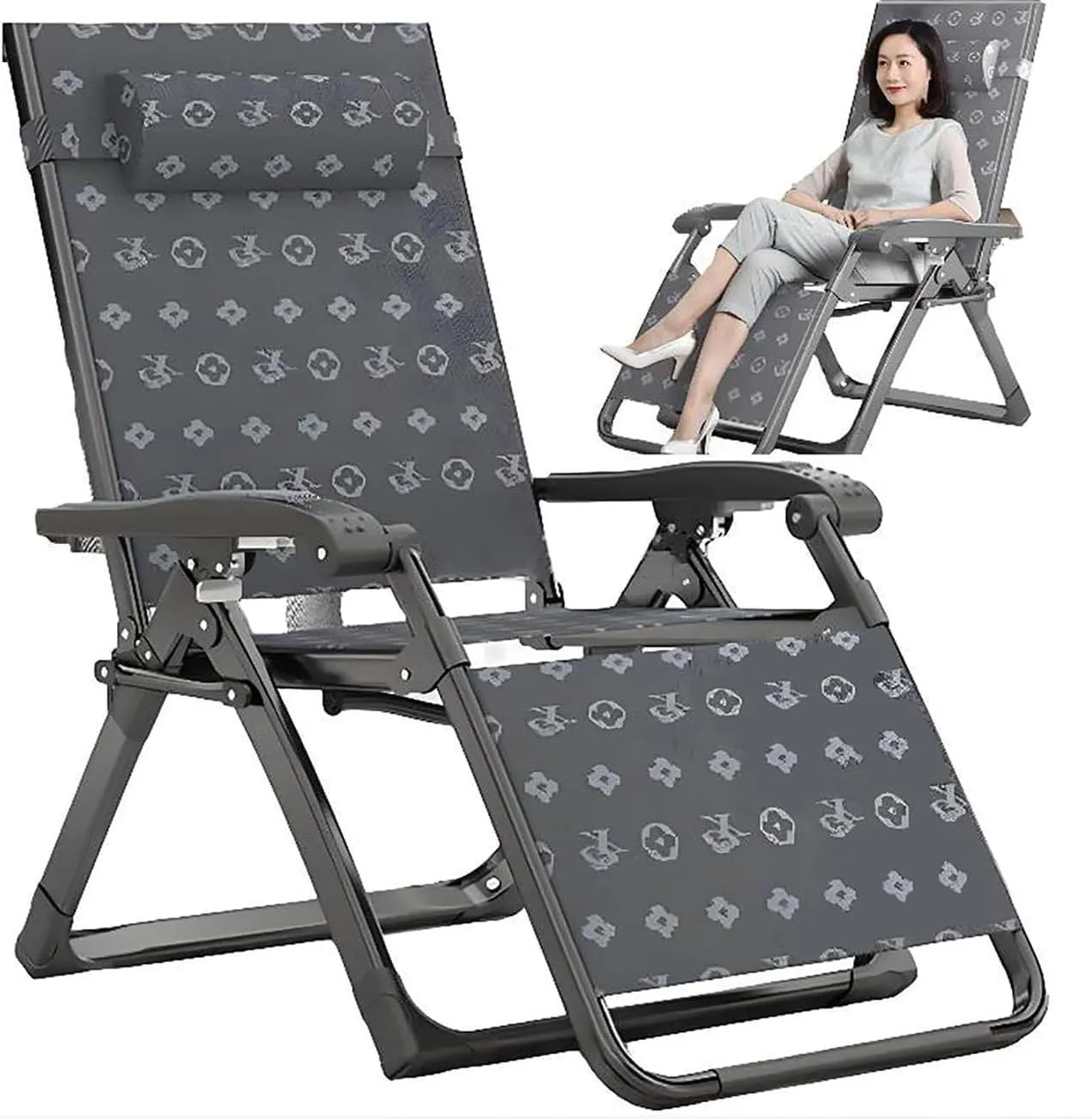 Folding Sun Lounger Cushion Reclining Chair 5 Adjustable Portable Lounge Chair Load 200KG Camping Foldable Bed