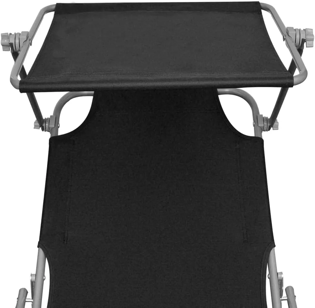 Folding Sun Lounger with Canopy Steel and Fabric Blackpatio Recliner Tanning Chair Camping chairsSuitable for Garden Courtyard