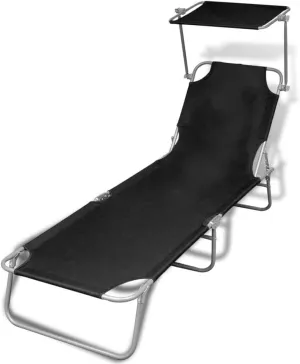 Folding Sun Lounger with Canopy Steel and Fabric Blackpatio Recliner Tanning Chair Camping chairsSuitable for Garden Courtyard