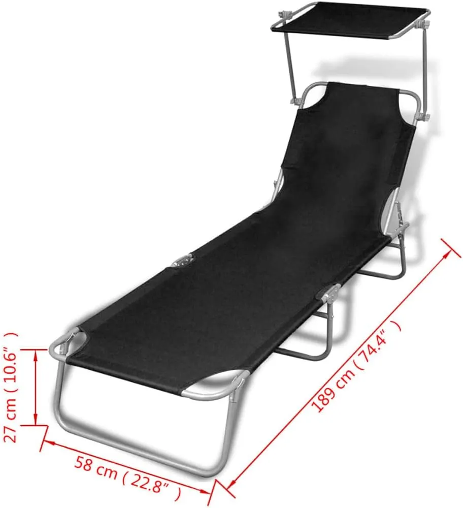 Folding Sun Lounger with Canopy Steel and Fabric Blackpatio Recliner Tanning Chair Camping chairsSuitable for Garden Courtyard