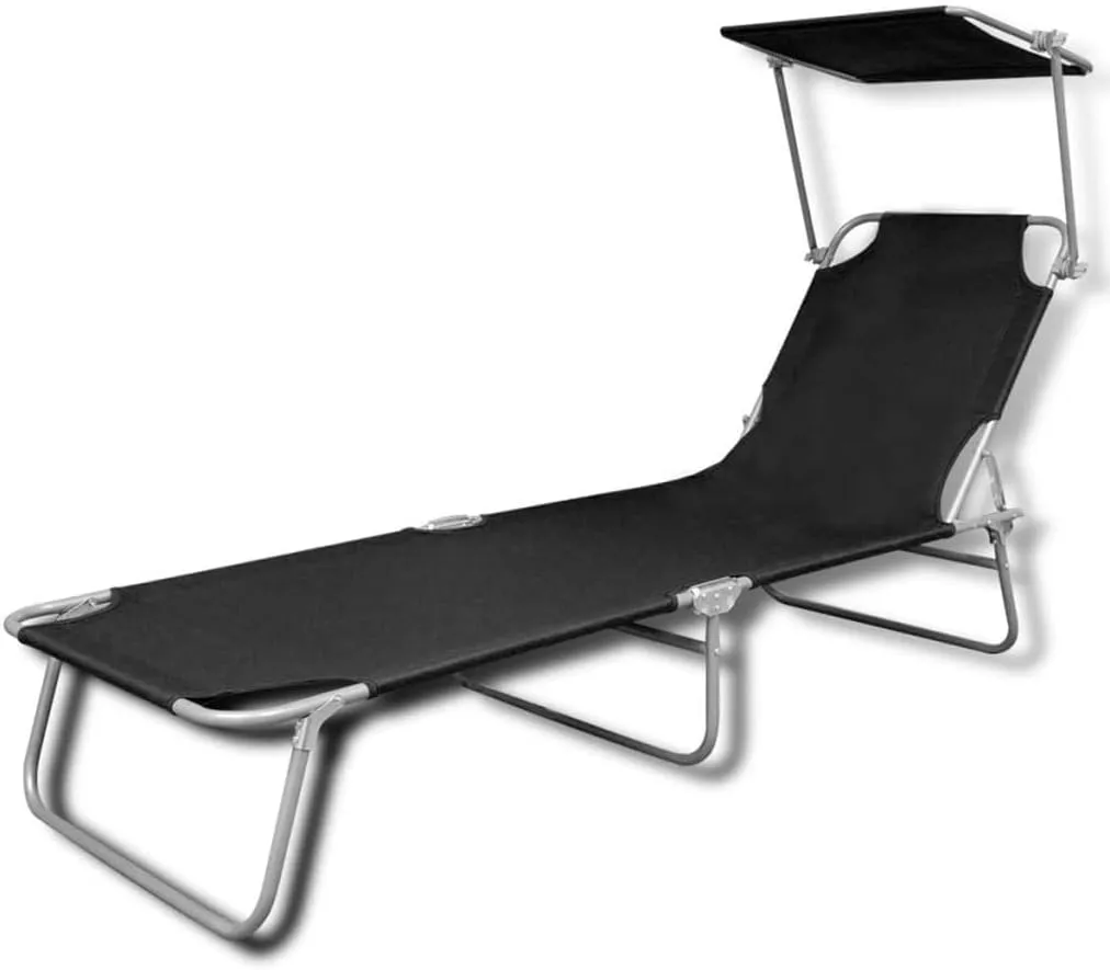 Folding Sun Lounger with Canopy Steel and Fabric Blackpatio Recliner Tanning Chair Camping chairsSuitable for Garden Courtyard