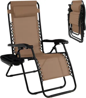 Folding Zero Gravity Reclining Textilene Lounge Chairs, Outdoor Adjustable Patio w/Pillows & Cup Holder Trays for Backyard, Beach, Poolside (BE)