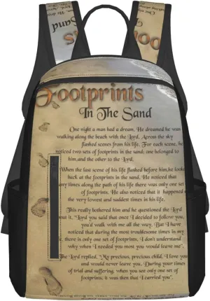 Footprints In The Sand Poem Lightweight Backpack For Women Men, Casual Polyester Daypack Bookbag Travel Hiking Bag, Durable Laptop Backpack