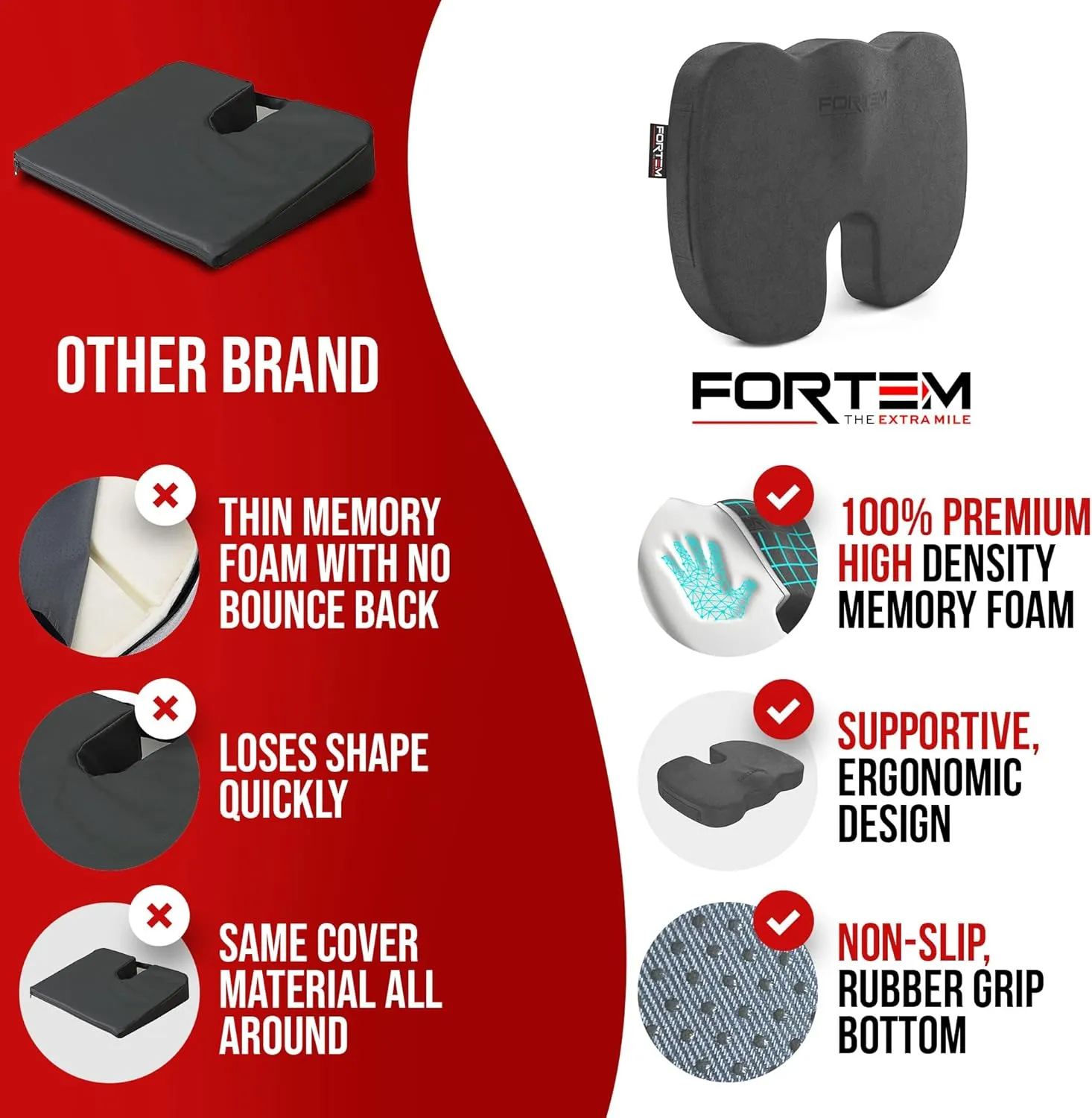 FORTEM Office Chair Cushion, Memory Foam Seat Cushion, Non Slip Sitting Pillow for Gaming, Car Seat, Computer Chair Pad, Sciatica and Tailbone Support, Washable Cover