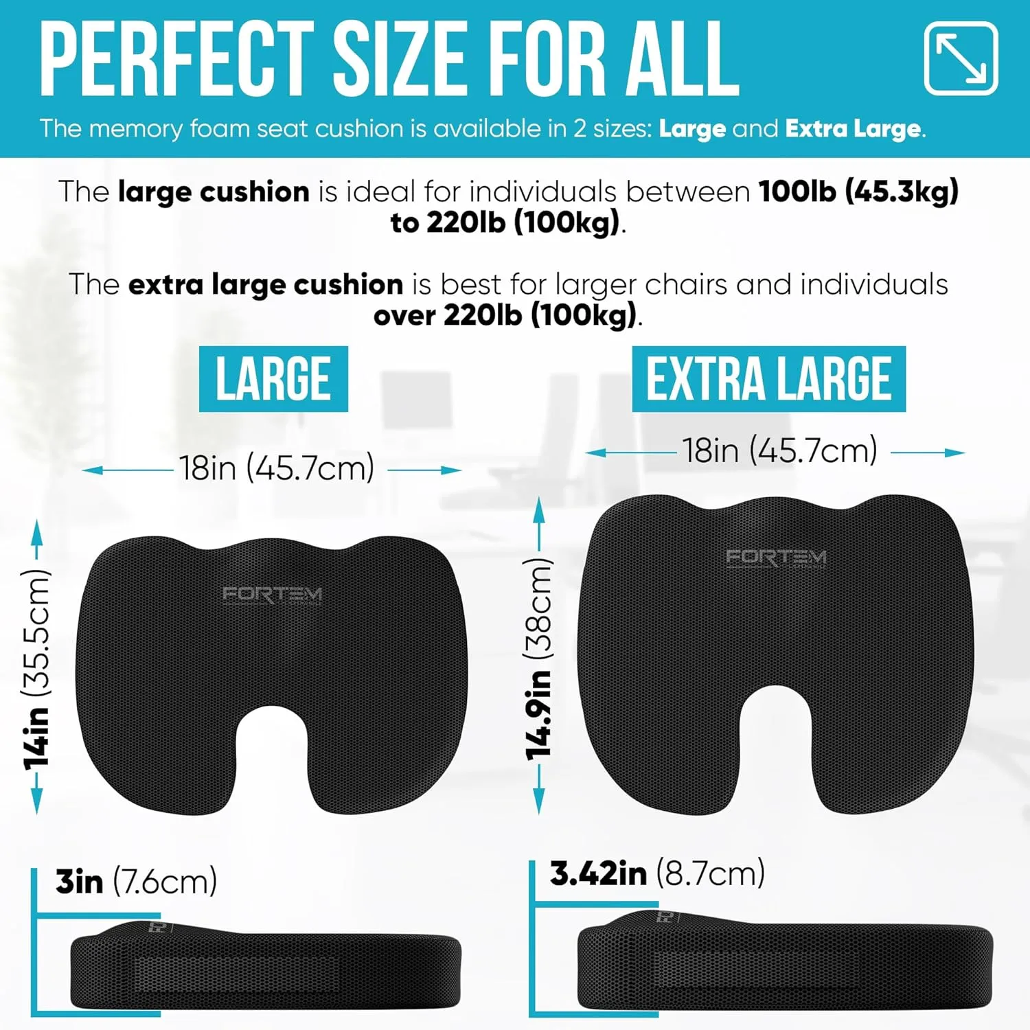 FORTEM Office Chair Cushion, Memory Foam Seat Cushion, Non Slip Sitting Pillow for Gaming, Car Seat, Computer Chair Pad, Sciatica and Tailbone Support, Washable Cover