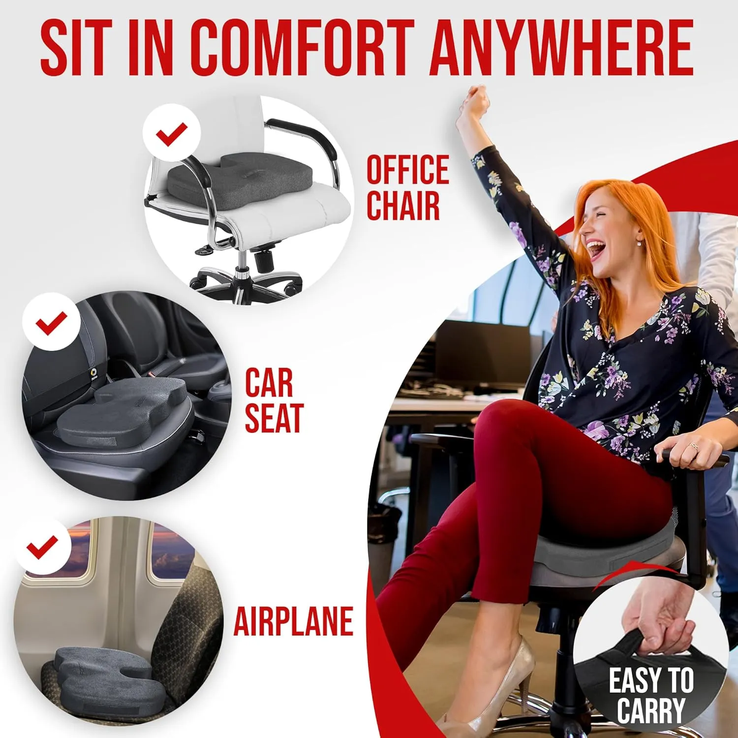 FORTEM Office Chair Cushion, Memory Foam Seat Cushion, Non Slip Sitting Pillow for Gaming, Car Seat, Computer Chair Pad, Sciatica and Tailbone Support, Washable Cover
