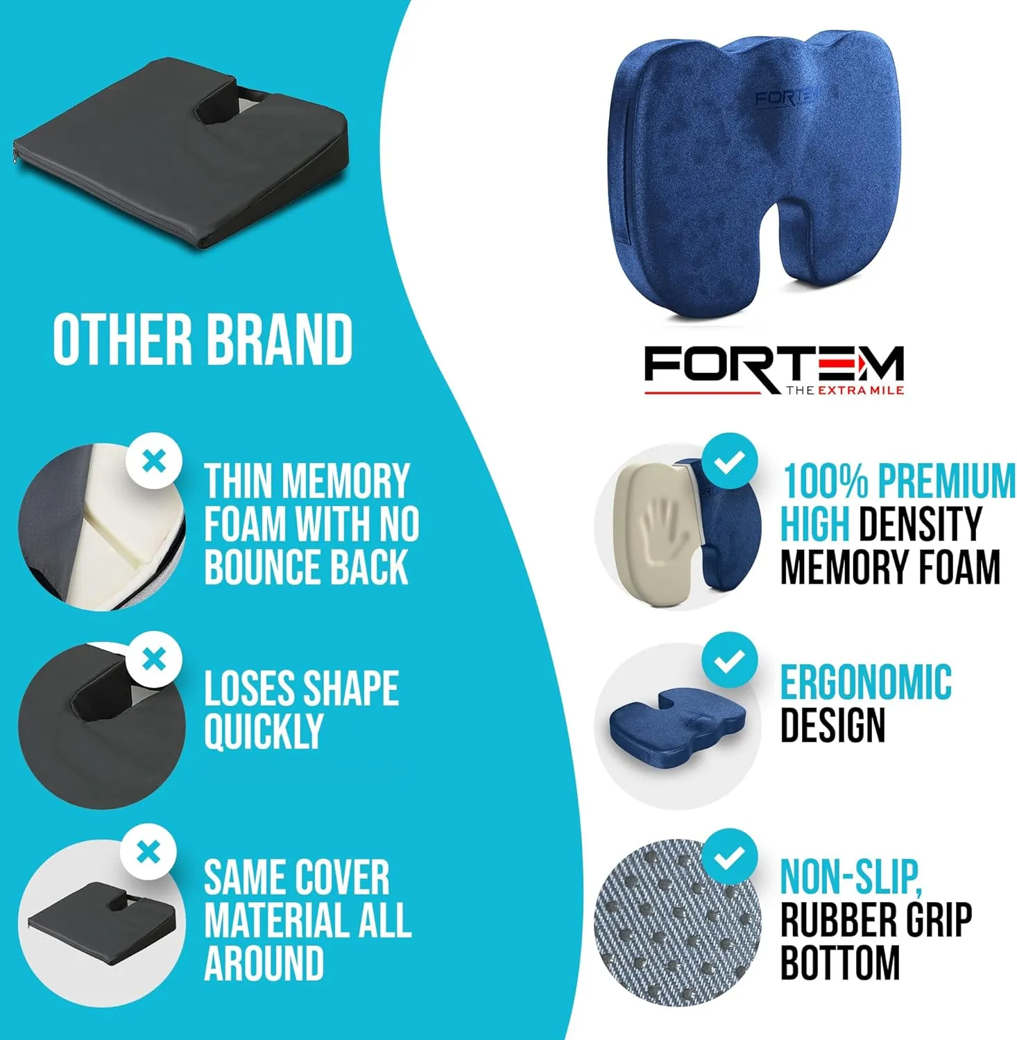 FORTEM Office Chair Cushion, Memory Foam Seat Cushion, Non Slip Sitting Pillow for Gaming, Car Seat, Computer Chair Pad, Sciatica and Tailbone Support, Washable Cover