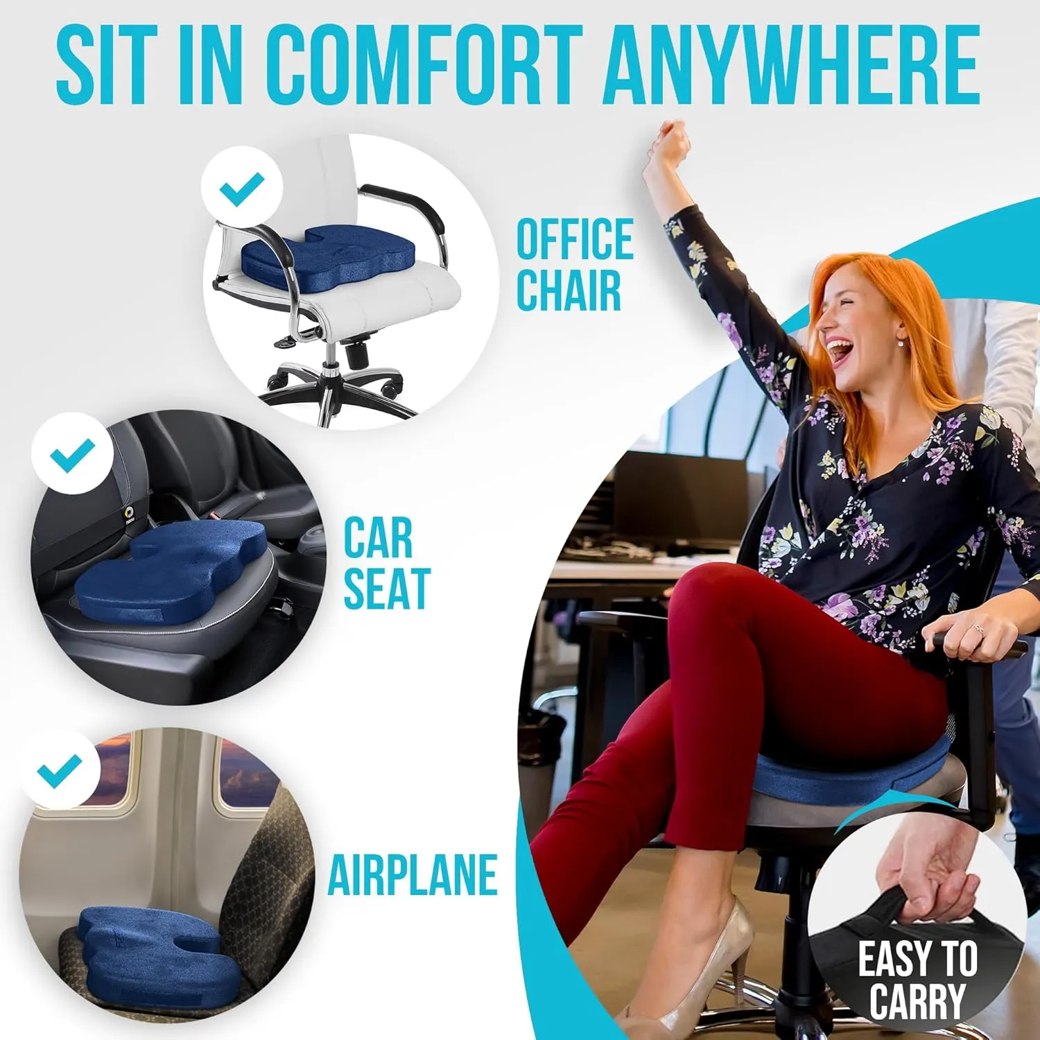 FORTEM Office Chair Cushion, Memory Foam Seat Cushion, Non Slip Sitting Pillow for Gaming, Car Seat, Computer Chair Pad, Sciatica and Tailbone Support, Washable Cover