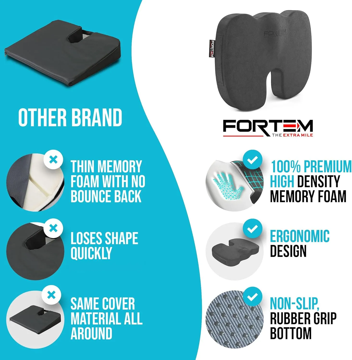 FORTEM Office Chair Cushion, Memory Foam Seat Cushion, Non Slip Sitting Pillow for Gaming, Car Seat, Computer Chair Pad, Sciatica and Tailbone Support, Washable Cover