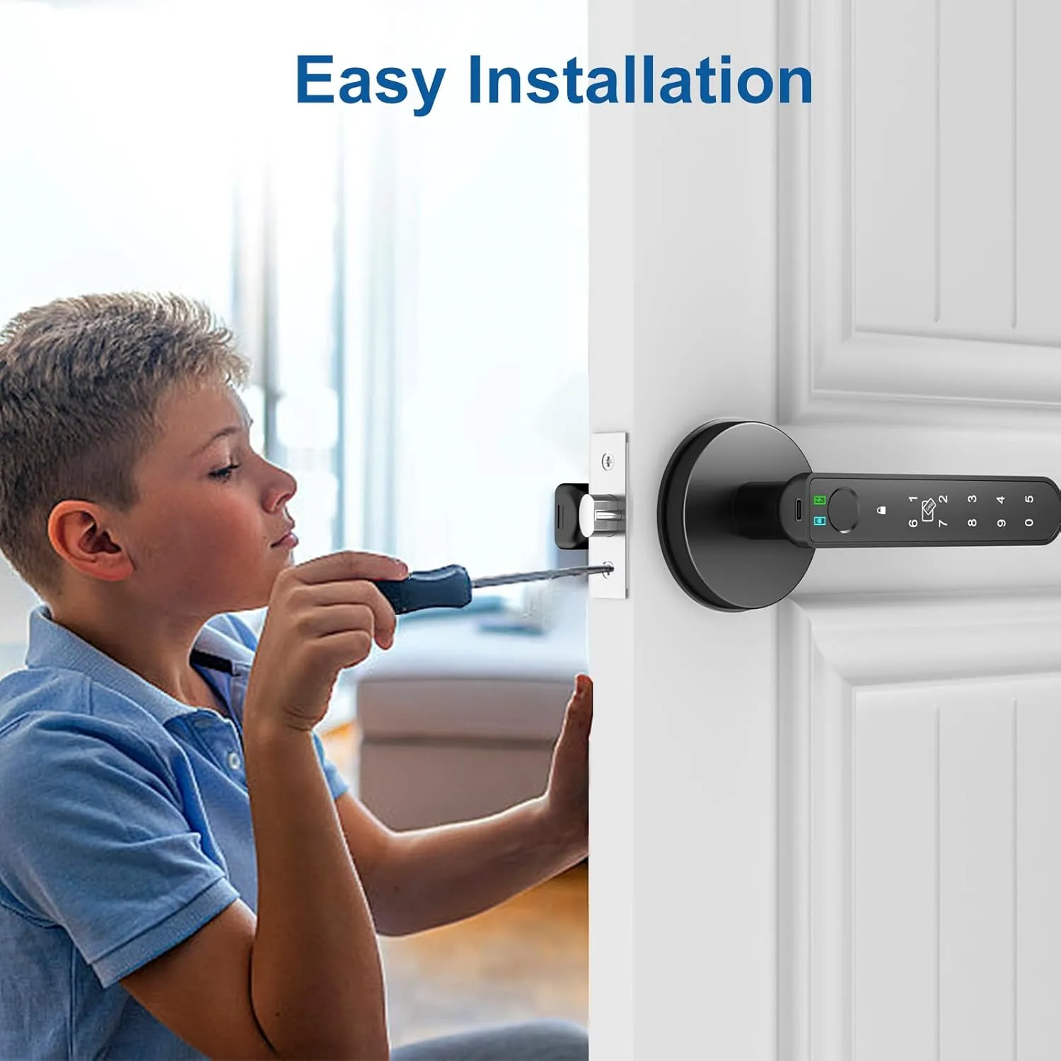 Foxgard Smart Fingerprint Door Lock:Fingerprint Door Knob-Biometric 5-in-1 Finger Print Door Lock-Smart Door Knob for Bedroom-APP Control-Easy Installation–Round Black–1 Pack