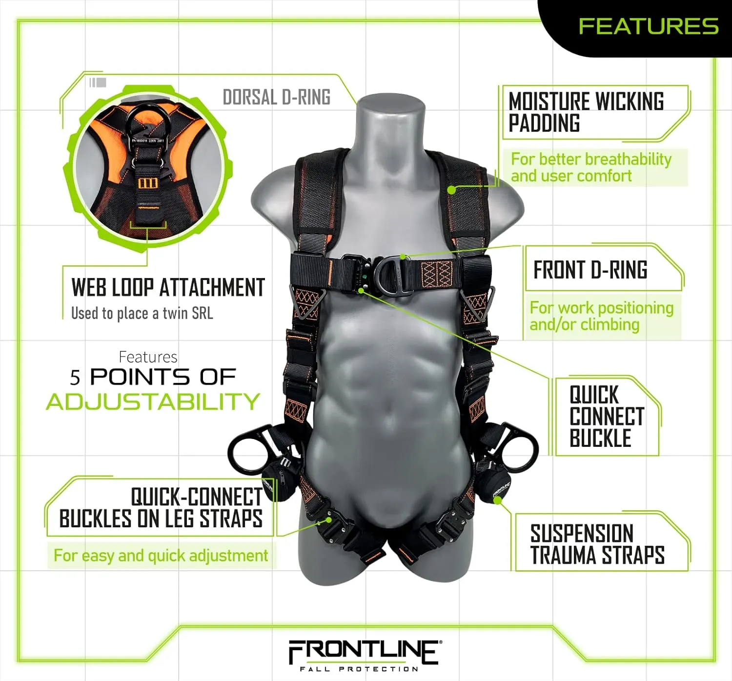 FRONTLINE FALL PROTECTION 105CFTB Combat™ Vest Style Harness with Front Side D-Rings and Suspension Trauma Straps (Universal)