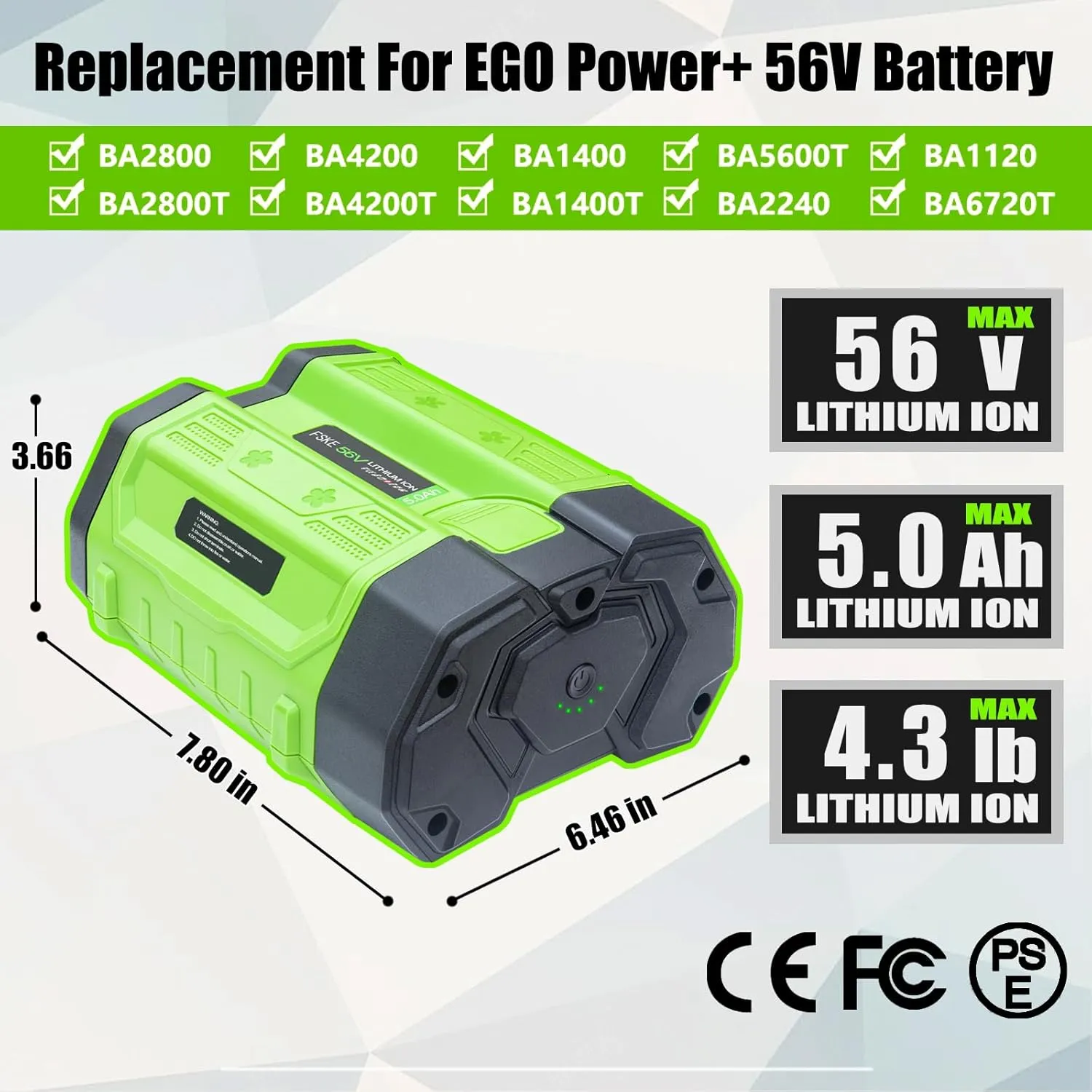 FSKE 5.0Ah Lithium Battery Replacement for EGO Power  56V Battery BA2800, Compatible with EGO Power  56V Tools