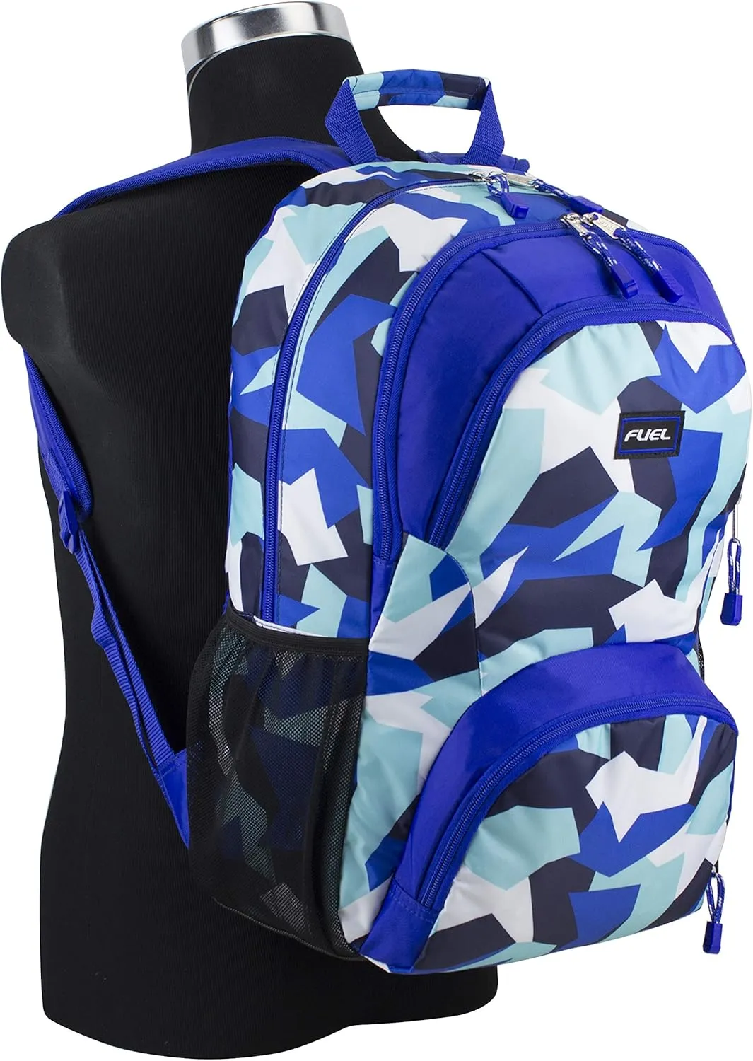 FUEL Travel Commuter Laptop Daypack Large Bag Backpack, Fits 17.5" Laptop, Interior Tech Sleeve, Blue/J Shapes Print