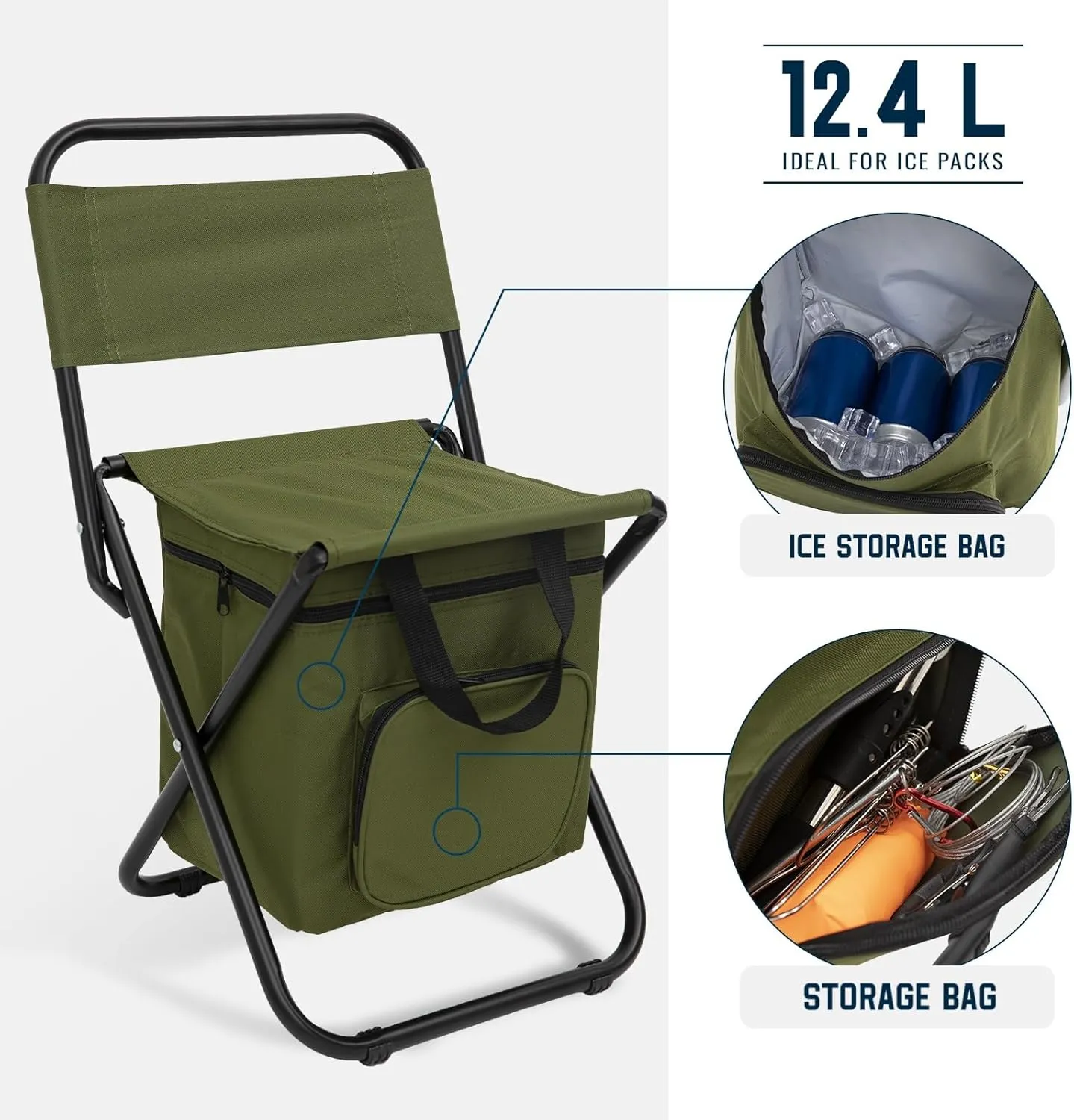 FUNDANGO Small Fishing Chair with Cooler Bag, Lightweight Camping Chair Compact Fishing Stool with Backrest for RV Hiking Travel, Hunting, Ice Fishing Gifts Gear for Men