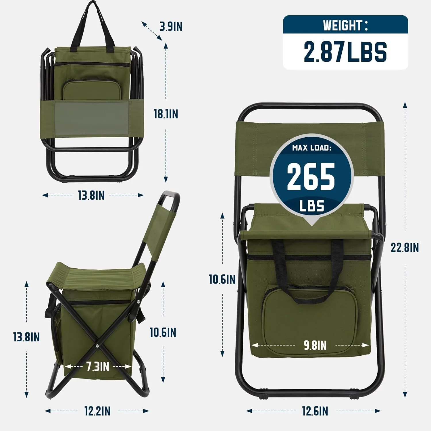 FUNDANGO Small Fishing Chair with Cooler Bag, Lightweight Camping Chair Compact Fishing Stool with Backrest for RV Hiking Travel, Hunting, Ice Fishing Gifts Gear for Men
