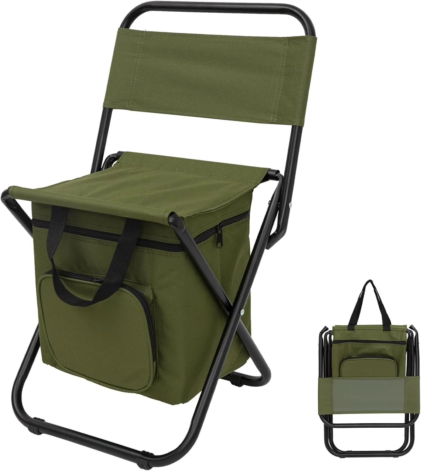 FUNDANGO Small Fishing Chair with Cooler Bag, Lightweight Camping Chair Compact Fishing Stool with Backrest for RV Hiking Travel, Hunting, Ice Fishing Gifts Gear for Men