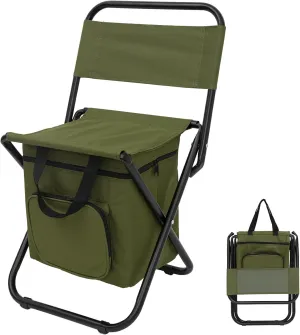 FUNDANGO Small Fishing Chair with Cooler Bag, Lightweight Camping Chair Compact Fishing Stool with Backrest for RV Hiking Travel, Hunting, Ice Fishing Gifts Gear for Men
