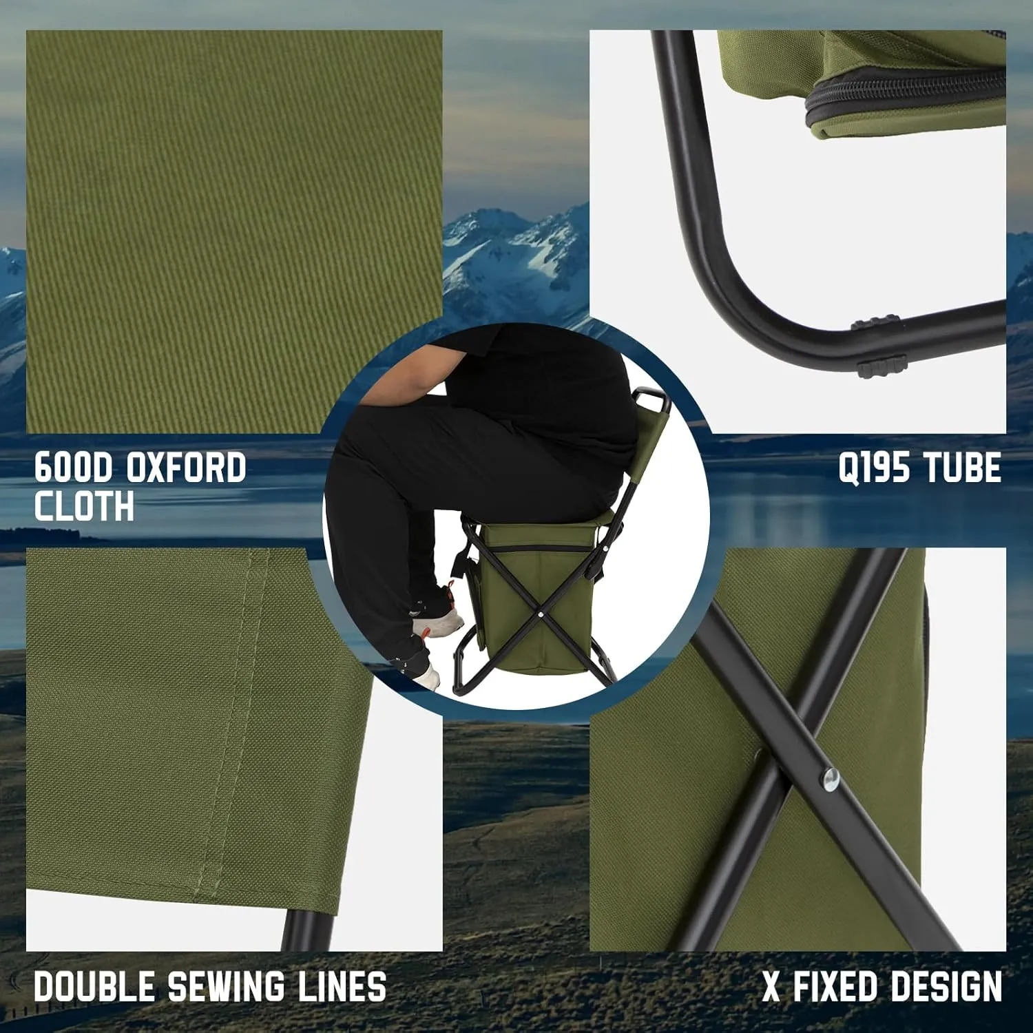 FUNDANGO Small Fishing Chair with Cooler Bag, Lightweight Camping Chair Compact Fishing Stool with Backrest for RV Hiking Travel, Hunting, Ice Fishing Gifts Gear for Men
