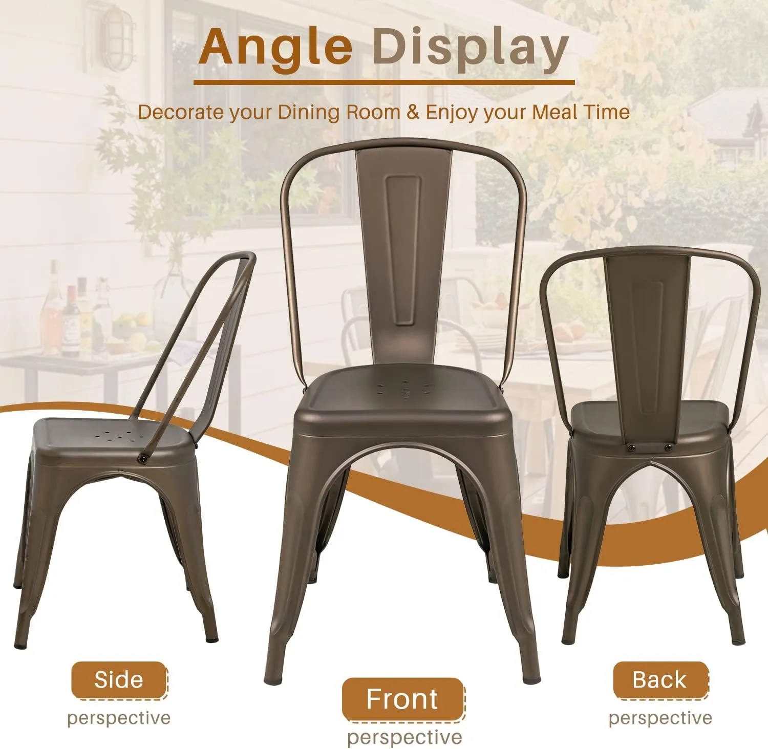 Furmax Metal Dining Chair Indoor Outdoor Use Stackable Classic Trattoria Chair Chic Dining Bistro Cafe Side Metal Chairs Set of 4 (Gun)
