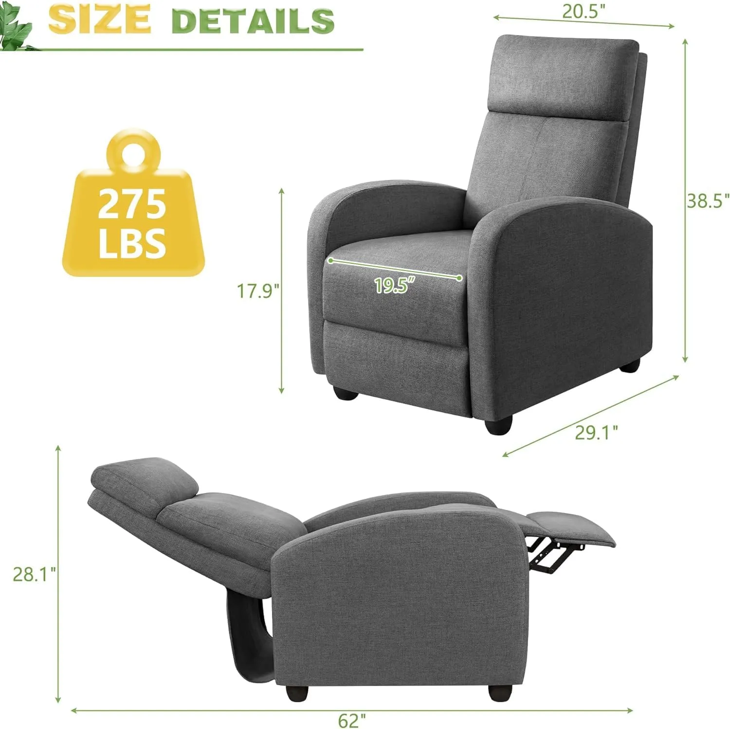 Furniwell Massage Recliner Chair for Living Room Adjustable Fabric Reclining Chair Home Theater Seating Modern Winback Single Sofa for Adults with Footrest (Gray)