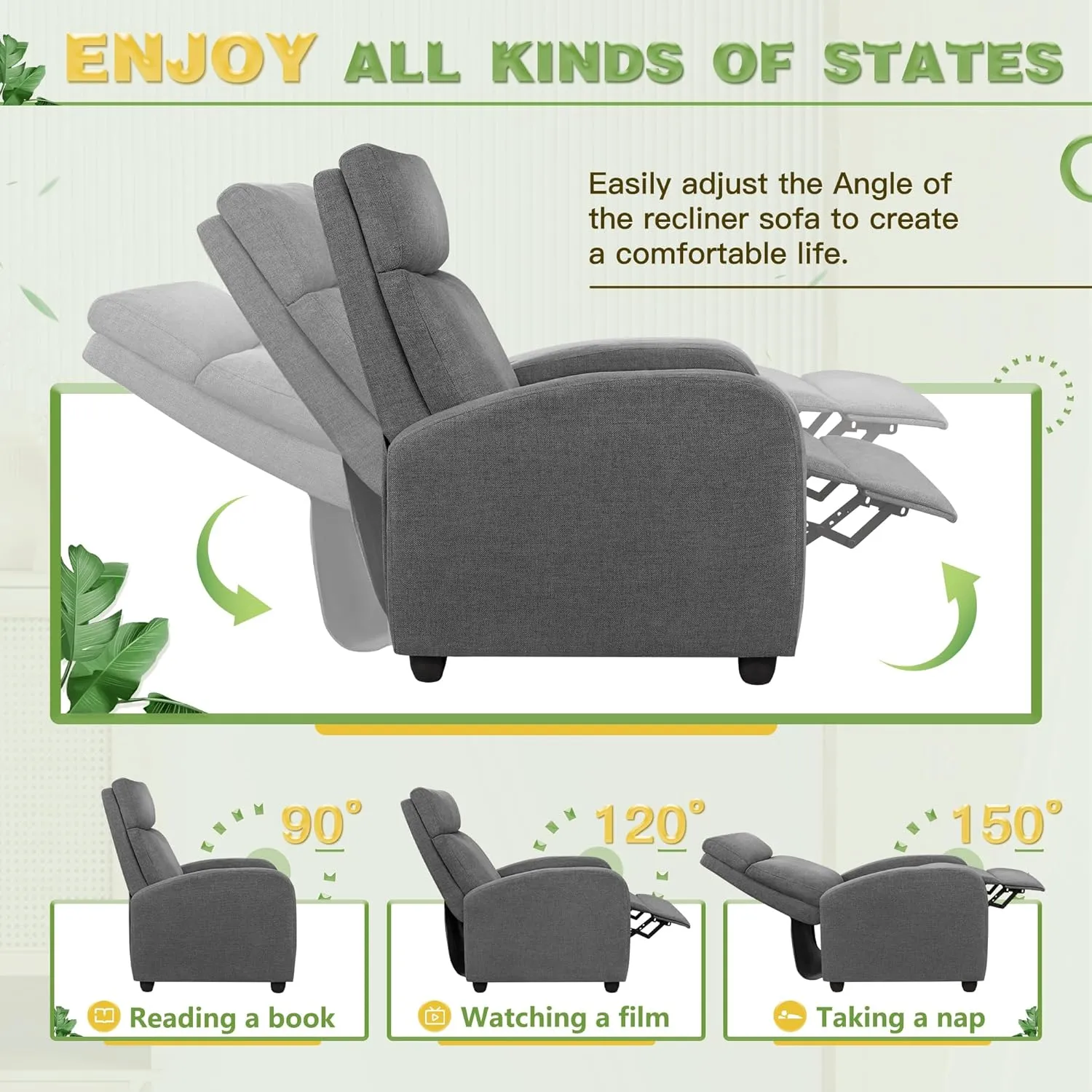 Furniwell Massage Recliner Chair for Living Room Adjustable Fabric Reclining Chair Home Theater Seating Modern Winback Single Sofa for Adults with Footrest (Gray)